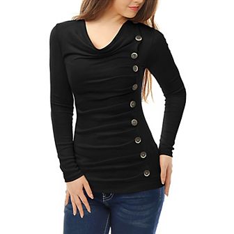 Women's Cowl Neck Buttons Decor Long Sleeves Ruched Blouse