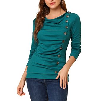 Women's Cowl Neck Buttons Decor Long Sleeves Ruched Blouse