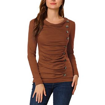 Women's Cowl Neck Buttons Decor Long Sleeves Ruched Blouse