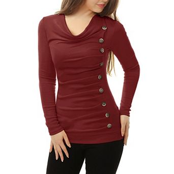 Women's Cowl Neck Buttons Decor Long Sleeves Ruched Blouse