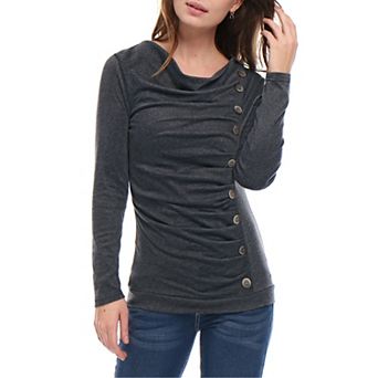 Women's Cowl Neck Buttons Decor Long Sleeves Ruched Blouse