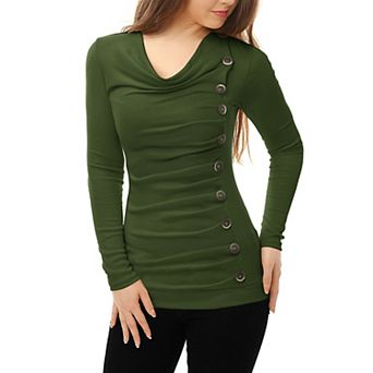 Women's Cowl Neck Buttons Decor Long Sleeves Ruched Blouse