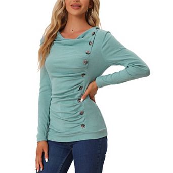 Women's Cowl Neck Buttons Decor Long Sleeves Ruched Blouse