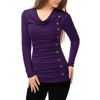 Women's Cowl Neck Buttons Decor Long Sleeves Ruched Blouse