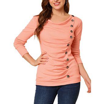 Women's Cowl Neck Buttons Decor Long Sleeves Ruched Blouse