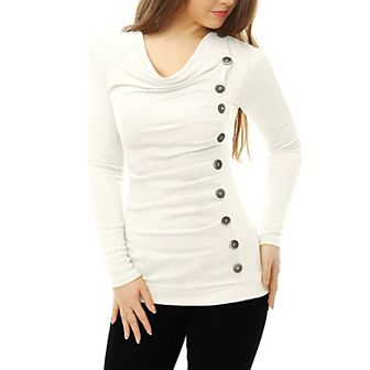Women's Cowl Neck Buttons Decor Long Sleeves Ruched Blouse