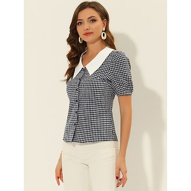 Women's Plaid Contrast Collar Puffy Sleeve Button Down Shirt Tops