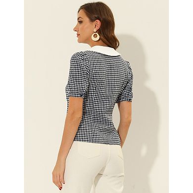 Women's Plaid Contrast Collar Puffy Sleeve Button Down Shirt Tops
