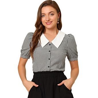 Women's Plaid Contrast Collar Puffy Sleeve Button Down Shirt Tops