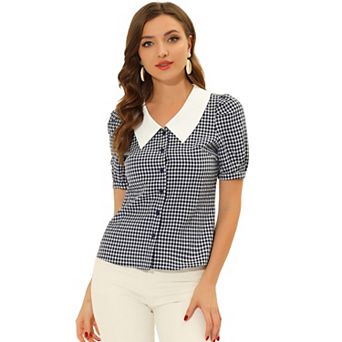 Women's Plaid Contrast Collar Puffy Sleeve Button Down Shirt Tops