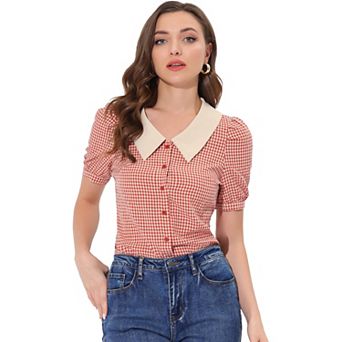 Women's Plaid Contrast Collar Puffy Sleeve Button Down Shirt Tops