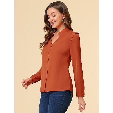 Women's Elegant V Neck Long Sleeves Button Down Shirt