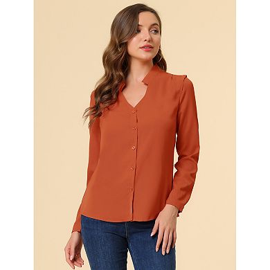 Women's Elegant V Neck Long Sleeves Button Down Shirt