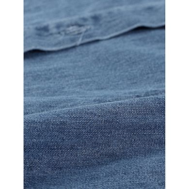 Women's Point Collar Long Sleeve Distressed Raw Hem Button Denim Shirt