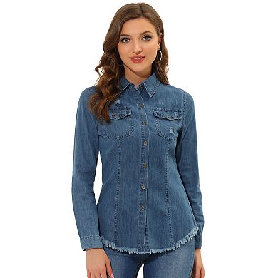 Women's Point Collar Long Sleeve Distressed Raw Hem Button Denim Shirt