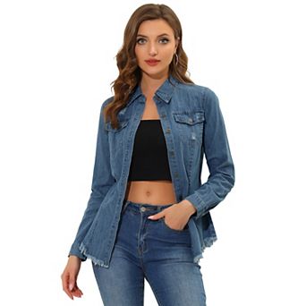 Women's Point Collar Long Sleeve Distressed Raw Hem Button Denim Shirt