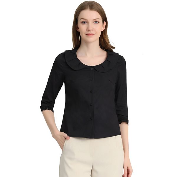 Women's Elegant Peter Pan Collar 3/4 Sleeve Button Front Work Shirt