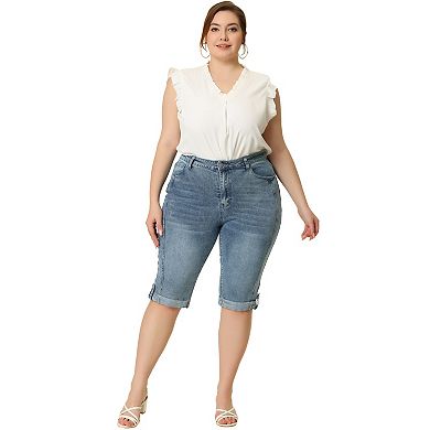 Women's Plus Size Denim Jeans Skinny Rolled Hem Knee Length Capri Shorts