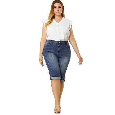 Women's Plus Size Denim Jeans Skinny Rolled Hem Knee Length Capri Shorts