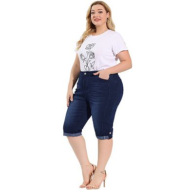 Women's Plus Size Denim Jeans Skinny Rolled Hem Knee Length Capri Shorts