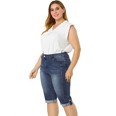 Women's Plus Size Denim Jeans Skinny Rolled Hem Knee Length Capri Shorts