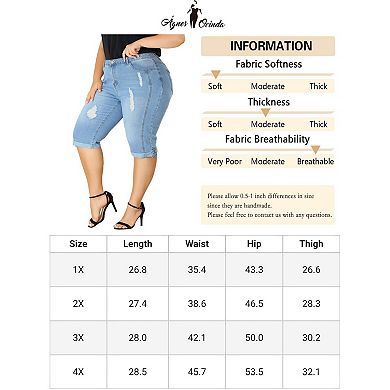 Women's Plus Size Denim Jeans Skinny Rolled Hem Knee Length Capri Shorts