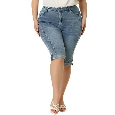 Women's Plus Size Denim Jeans Skinny Rolled Hem Knee Length Capri Shorts