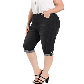 Women's Plus Size Denim Jeans Skinny Rolled Hem Knee Length Capri Shorts