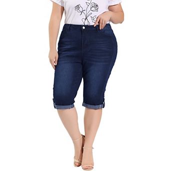 Women's Plus Size Denim Jeans Skinny Rolled Hem Knee Length Capri Shorts