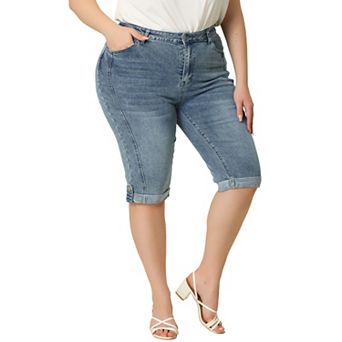 Women's Plus Size Denim Jeans Skinny Rolled Hem Knee Length Capri Shorts