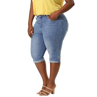 Women's Plus Size Denim Jeans Skinny Rolled Hem Knee Length Capri Shorts