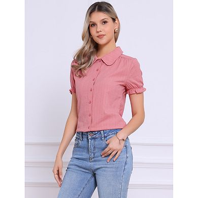 Women's Cotton Frilled Top Turndown Collar Solid Blouse