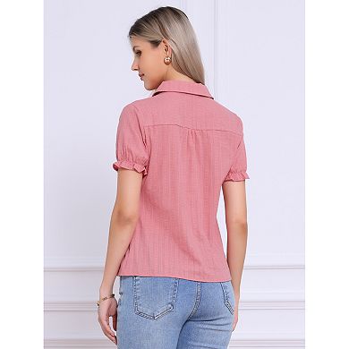 Women's Cotton Frilled Top Turndown Collar Solid Blouse
