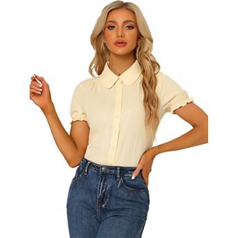 Women's Cotton Frilled Top Turndown Collar Solid Blouse