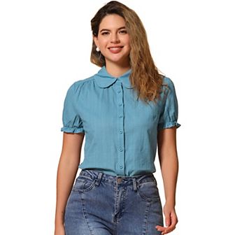 Women's Cotton Frilled Top Turndown Collar Solid Blouse