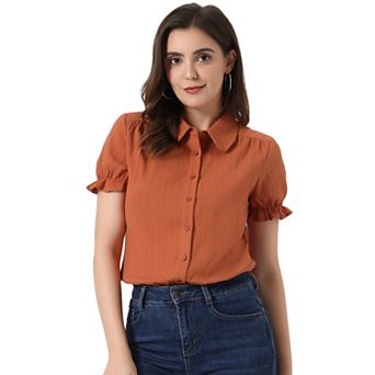 Women's Cotton Frilled Top Turndown Collar Solid Blouse