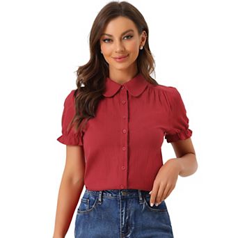 Women's Cotton Frilled Top Turndown Collar Solid Blouse