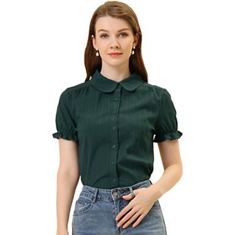 Women's Cotton Frilled Top Turndown Collar Solid Blouse