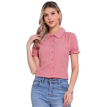 Women's Cotton Frilled Top Turndown Collar Solid Blouse