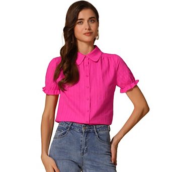 Women's Cotton Frilled Top Turndown Collar Solid Blouse