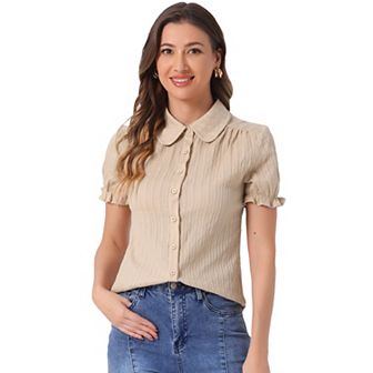 Women's Cotton Frilled Top Turndown Collar Solid Blouse