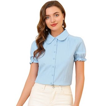 Women's Cotton Frilled Top Turndown Collar Solid Blouse