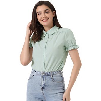 Women's Cotton Frilled Top Turndown Collar Solid Blouse
