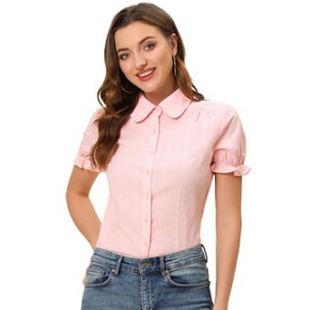 Women's Cotton Frilled Top Turndown Collar Solid Blouse
