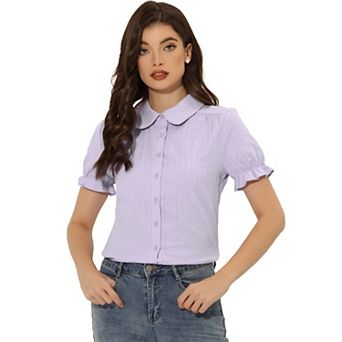 Women's Cotton Frilled Top Turndown Collar Solid Blouse