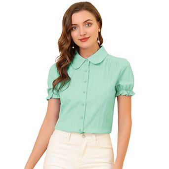 Women's Cotton Frilled Top Turndown Collar Solid Blouse