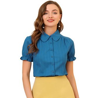 Women's Cotton Frilled Top Turndown Collar Solid Blouse
