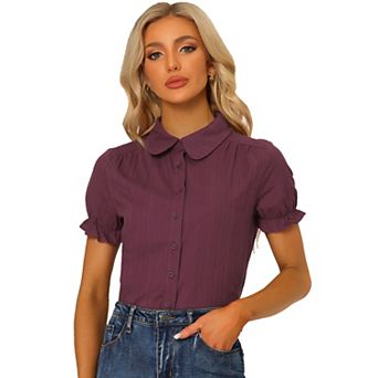 Women's Cotton Frilled Top Turndown Collar Solid Blouse