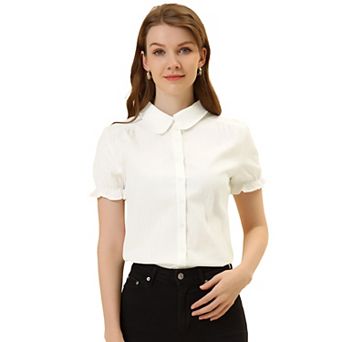 Women's Cotton Frilled Top Turndown Collar Solid Blouse