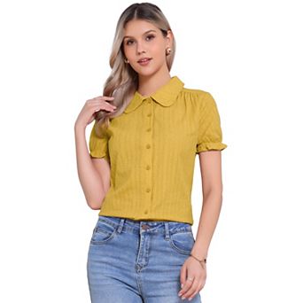 Women's Cotton Frilled Top Turndown Collar Solid Blouse